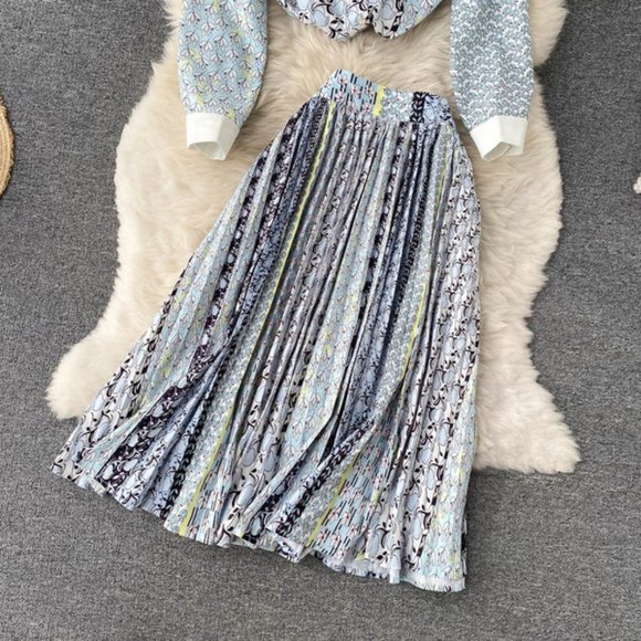 Elegant Breasted Print Tops And Midi Skirt Set - Picture 4 of 13